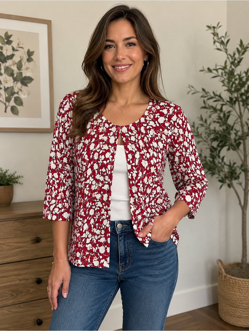 Talbots Women’s Red and White Floral Knit Cardigan - Large
